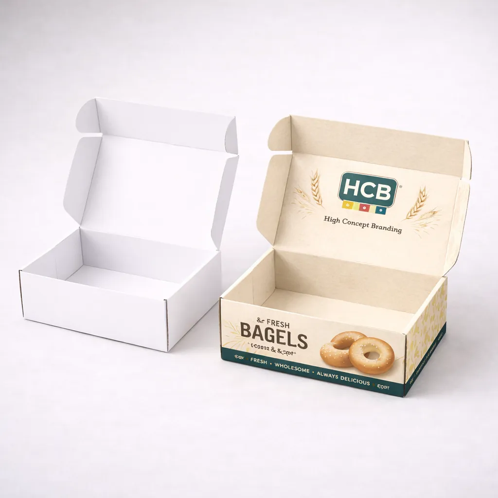Two rigid cardboard gift boxes for bagels, one plain white and one with a luxury branded finish. class=